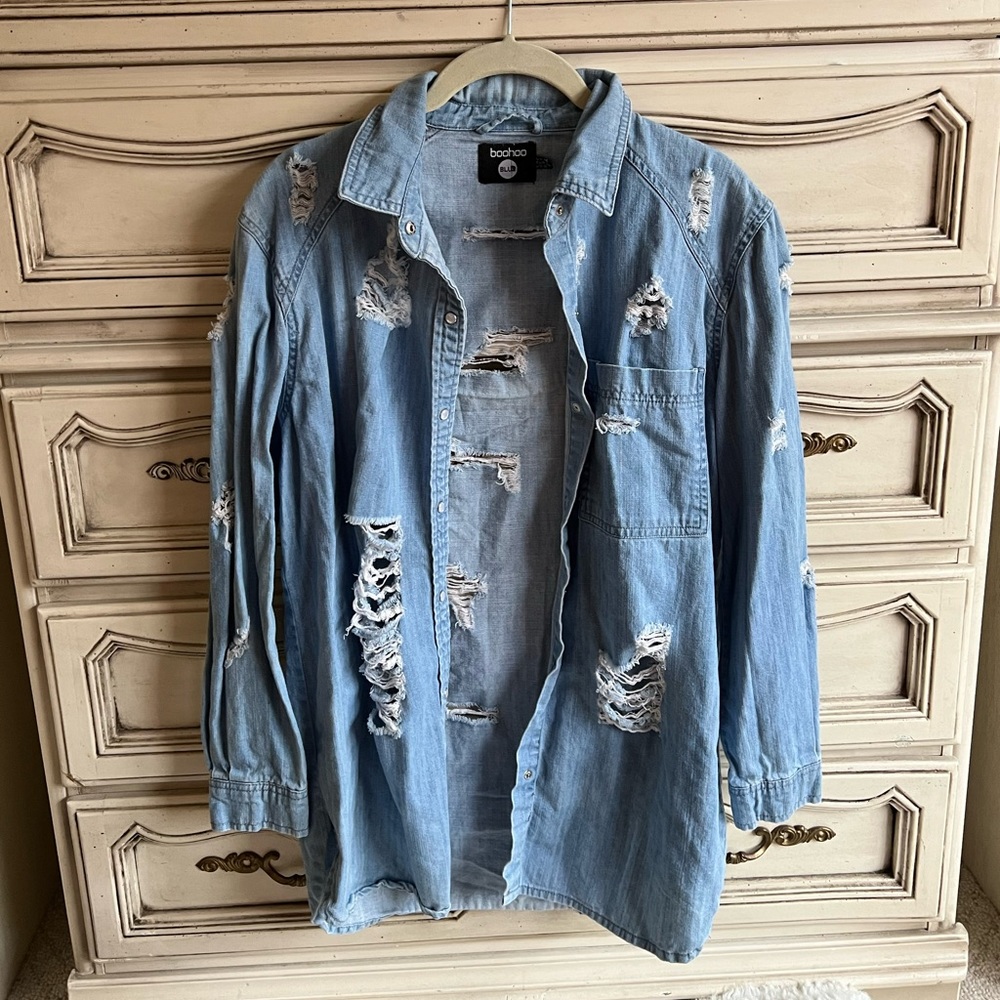 Distressed denim button up shirt